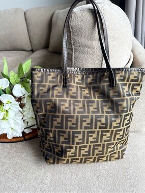 Fendi Brown FF Logo Tote Bag with Dark Brown Straps Authentic